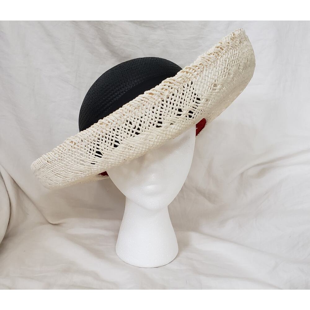 Vintage Importina Woven Hat Black with Ivory Rolled Brim Pleated Fabric Detail